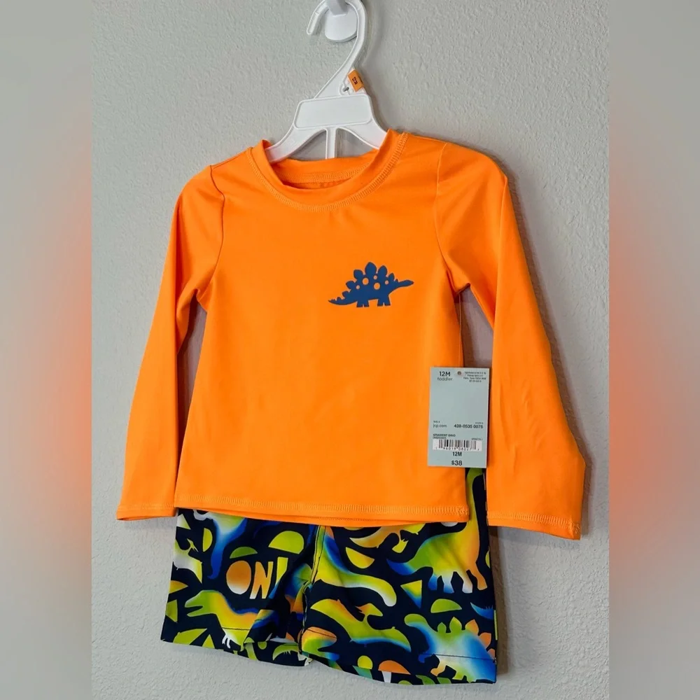Okie Dokie Toddler Boys Dinosaur Rash Guard Shirt /Swim Trunks Set NWT Size 12M